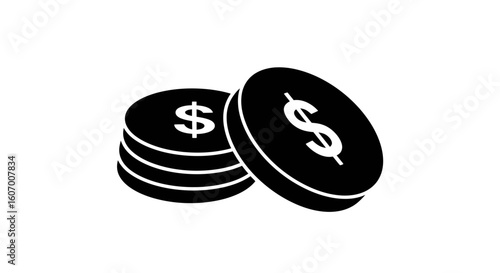 Black silhouette icon of stacked dollar coins. Simple graphic for financial, economic, and banking themes on a white background.
