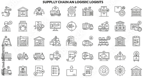 Supply chain and logistics management linear icon set. Distribution, shipping, and warehouse vector symbols collection.