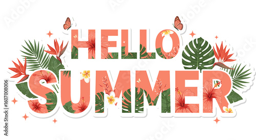 Summer greeting with tropical flowers and leaves.