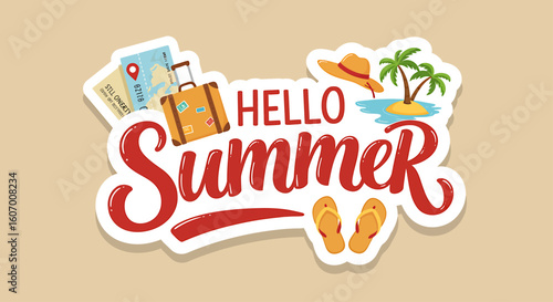 Summer vacation greeting with travel icons.