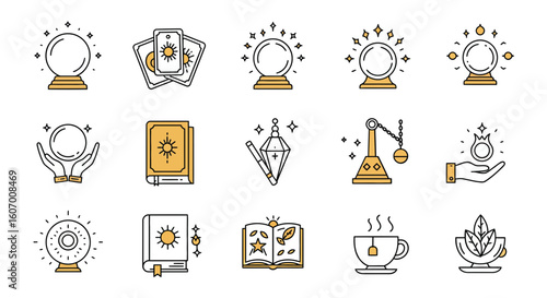 Collection of fortune telling line icons. Esoteric and magical symbols including crystal ball, tarot, and grimoire for spiritual concepts.