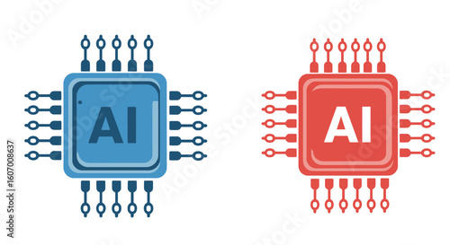 Artificial Intelligence AI chip vector icon set. Blue and red microprocessor symbols for future technology, neural networks, and computing.