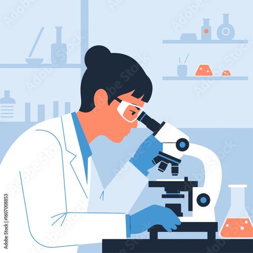 A female scientist intently examines a sample under a microscope in a modern laboratory setting.