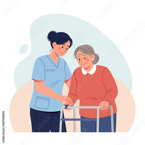 A young caregiver assists an elderly woman using a walker, offering support and gentle guidance.