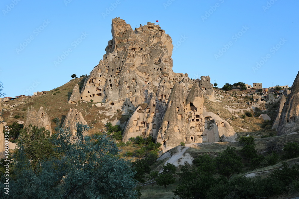 Fototapeta premium Cappadocia rocky landscape. historical unique ancient open-air museum ruins. Rocky landscape trail.High quality 4k footage