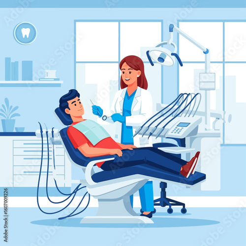 A dentist examines a patient in a modern dental office.