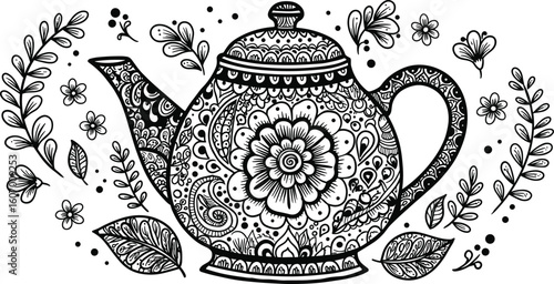 Vintage floral teapot illustration, black and white tea kettle design, decorative leaves and flowers, whimsical kitchen art, folk-style decor