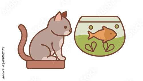 Cute cartoon cat watching goldfish in fishbowl vector illustration pet animal drawing design graphics