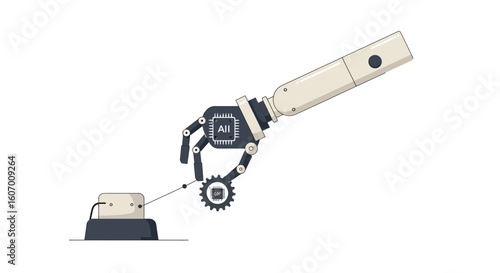 Artificial intelligence robotic hand precisely activating a control panel, symbolizing advanced automation, technological innovation, and the future of intelligent AI-driven systems.