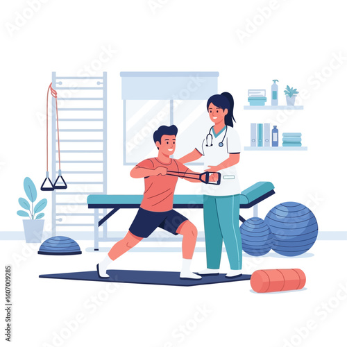 Physical therapist assists patient with resistance band exercises in a rehabilitation clinic.