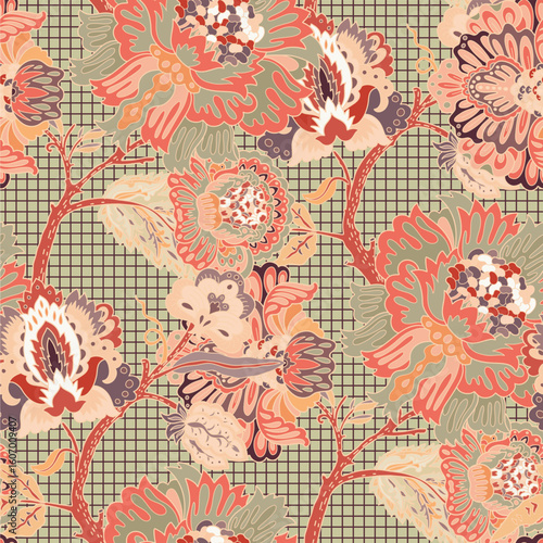 Ornamental Floral Grid Seamless Pattern