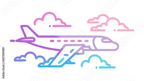 Airplane flight travel aviation transportation clouds sky journey vacation tourism trip illustration vector