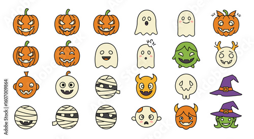Charming Halloween Icons Jack-o'-lanterns, Ghosts, Mummies, Monsters, and Witches