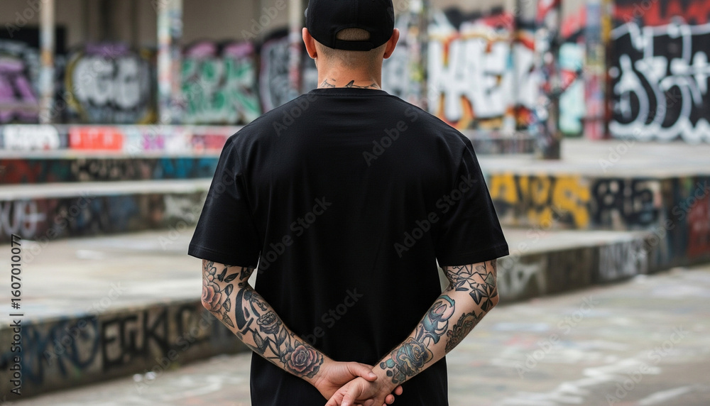 Fototapeta premium Urban Black T-Shirt Mockup - Back View of Tattooed Man in Street Art Graffiti Background for Apparel Branding and Fashion Design