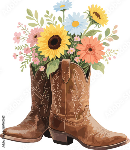 Western cowboy boots with wildflowers illustration, rustic floral bouquet in brown boots, country farmhouse decor, spring watercolor flower art