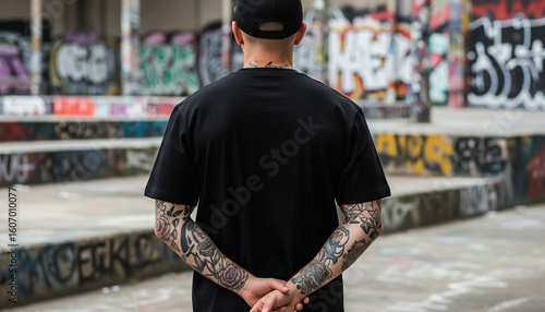 Urban Black T-Shirt Mockup - Back View of Tattooed Man in Street Art Graffiti Background for Apparel Branding and Fashion Design