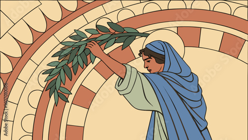 Woman holding olive branch illustration for peace symbol and religious art design and hope concept art