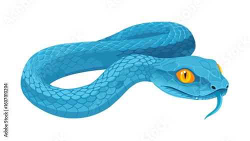 Blue snake vector illustration of reptile viper with yellow eyes and tongue sticking out isolated on white