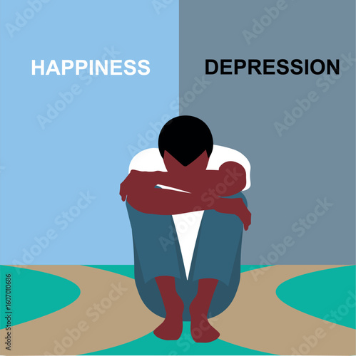Happiness Depression banner mental health concept. Black man sits alone on crossroad, embracing his knees, moment of despair. Self-flagellation, paranoia anxiety fear