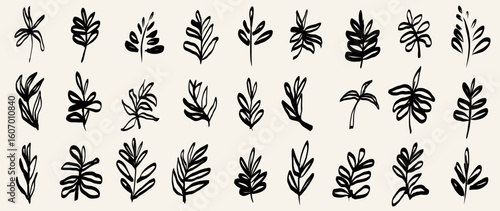 Ink Crayon Marker Gouache flowers hand drawn sketches illustrations. Dry brush stroke simple minimalistic floral doodles isolated on white for cosmetics, kid education.