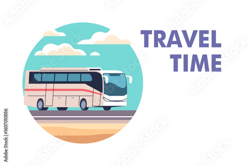 Modern intercity bus drives along the highway. Travel and vacation time. Vector illustration in a minimalistic style.
