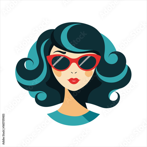 Stylish woman with voluminous dark hair and red sunglasses, exuding confidence and flair