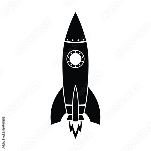 Retro black silhouette rocket ship launching with flames