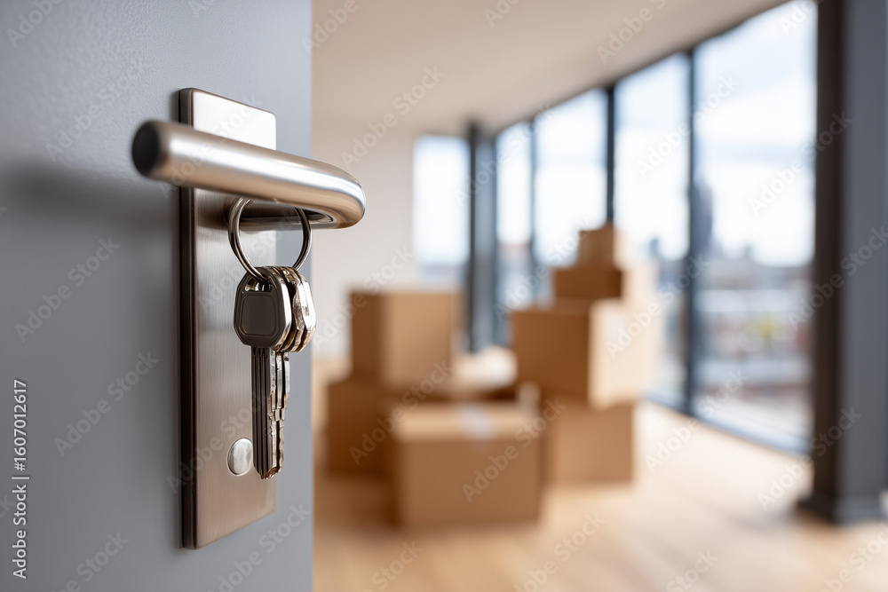 Fototapeta premium A close-up shot of a modern door handle with a key inserted into the lock, modern apartment in background with cardboard boxes, bright indoor lighting coming from big windows