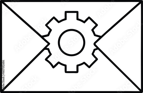 Clean line art icon of an envelope with a gear isolated on transparent background