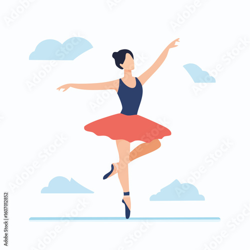 Jolie illustration naïve d'une femme qui fait de la danse classique, fond blanc, nuages