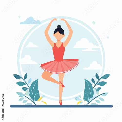 Jolie illustration naïve d'une femme qui fait de la danse classique, fleurs
