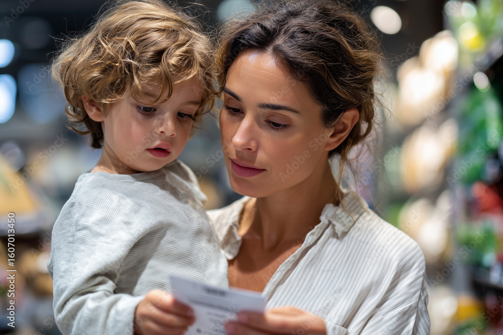 Obraz premium single mother checking grocery receipt with worried face, holding child in arm, 