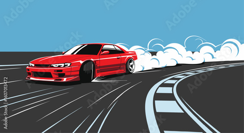 Vector illustration of a red sports car drifting on a race track, with smoke effects and dynamic speed lines.