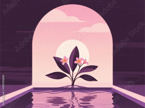 wisps of clouds and the evening sun behind a frangipani tree that has a few leaves whose shadows are reflected on the slightly wavy surface of the swimming pool.