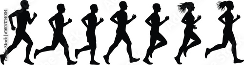 Group of Diverse Runners in Motion Silhouette Vector Illustration Set, Male and Female Athletes Running, Sports, Fitness, Healthy Lifestyle, Black and White, Dynamic Action.