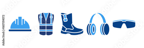 Safety Equipment Icon Set, Containing design Safety Helmet, Safety Vest, Safety Boots, Safety Glasses, Ear Plug