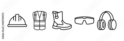 Safety Equipment Icon Set, Containing design Safety Helmet, Safety Vest, Safety Boots, Safety Glasses, Ear Plug