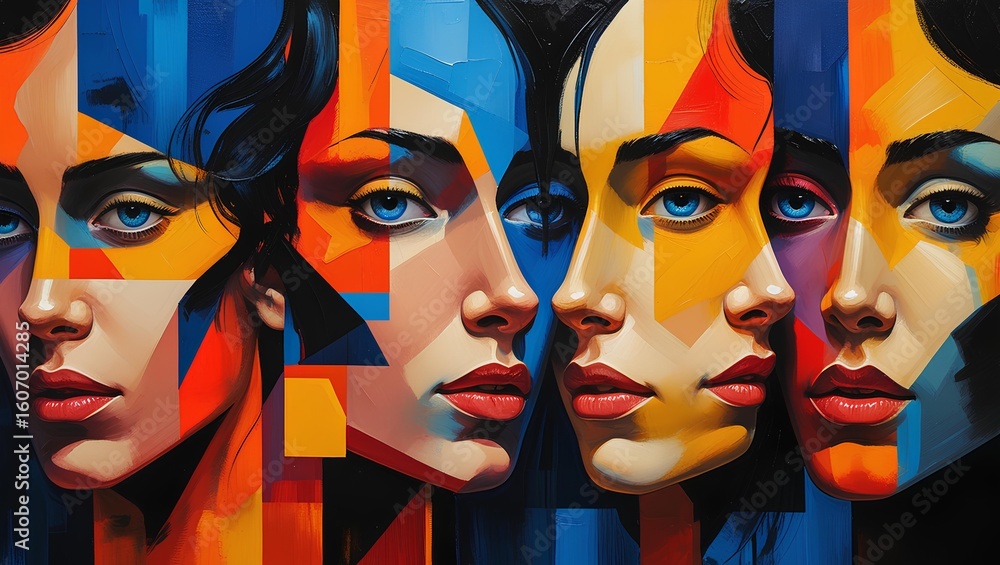 Obraz premium Abstract Geometric Faces – Modern Pop Art Portraits with Bold Colors and Cubist Style