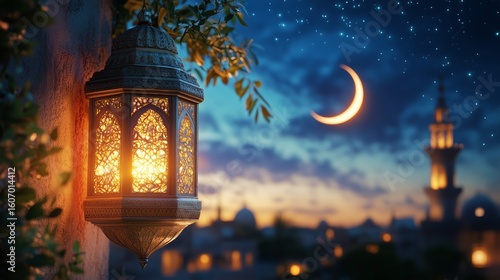 Night View of a City With a Crescent Moon and Lantern Illuminating a Beautifu...