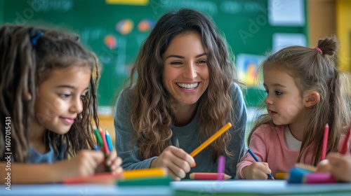 Teacher Interacts With Students During Creative Art Activity in Classroom Set...