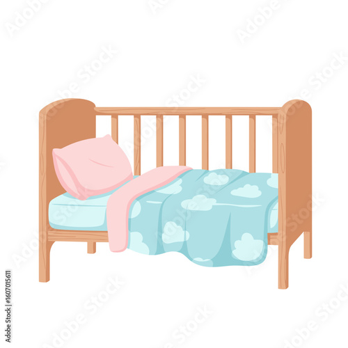 Wooden crib with blue cloud blanket and pink pillow on isolated background  