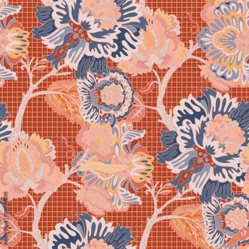 Ornamental Floral Red Grid Pattern