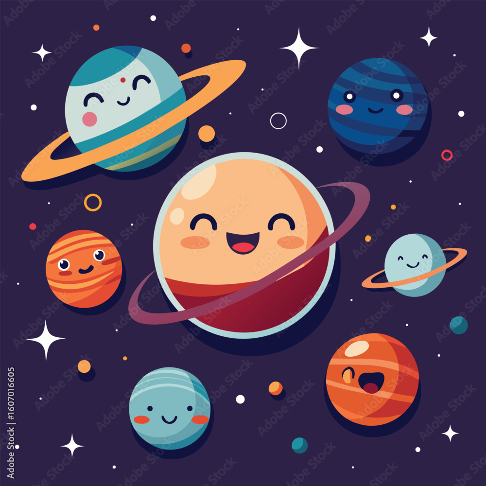 Naklejka premium Adorable solar system cartoon with smiling planets and colorful rings amidst twinkling stars on a dark background graphic