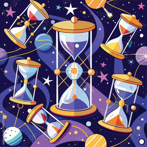 Artistic space time illustration featuring hourglasses planets and stars with modern graphic design and vibrant color palette for digital backgrounds