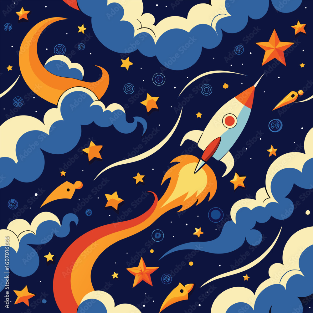 Fototapeta premium Cartoon rocket launching into night sky with clouds and stars seamless pattern design vector illustration,space adventure theme,and colorful graphic art