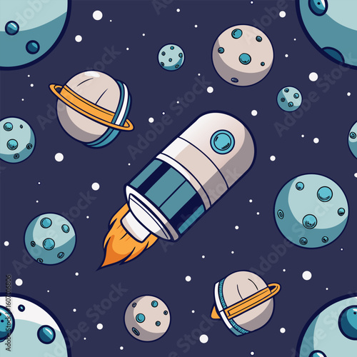 Cartoon outer space seamless pattern with rocket,planets,and stars on a dark blue background for kids fabrics and creative projects