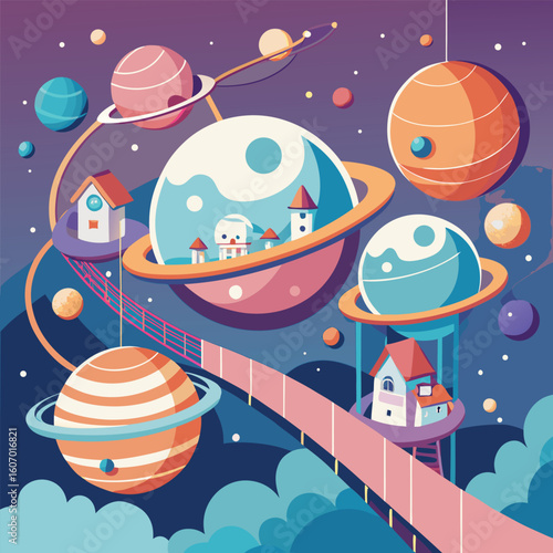 Cartoon planets with houses connected by bridge in space scene flat design vector art colorful outer space illustration playful imaginary world