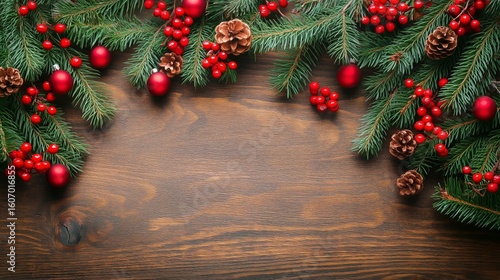 Festive Arrangement of Pine Branches and Red Berries on Wooden Table for Holiday Decorations.