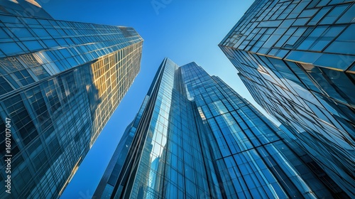 Modern Skyscrapers Reflect Sunlight in Urban Landscape During Clear Day.