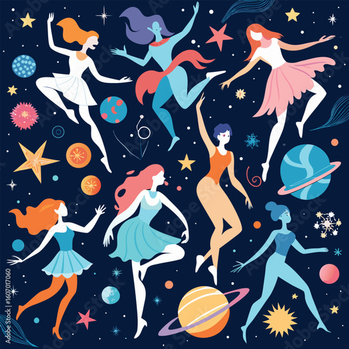 Celestial dance colorful cartoon girls dancing among planets and stars cosmic ballet against night sky backdrop whimsical dreamlike space adventure